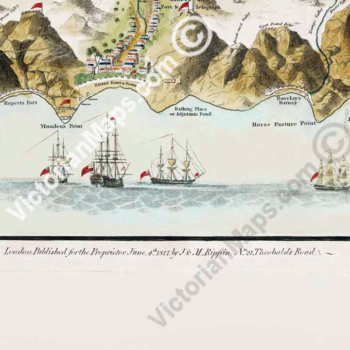 A Geographical plan of the Saint Helena Island, Napoleon Bonaparte residence in exile, a map by Leut. R.P. Read, 1817