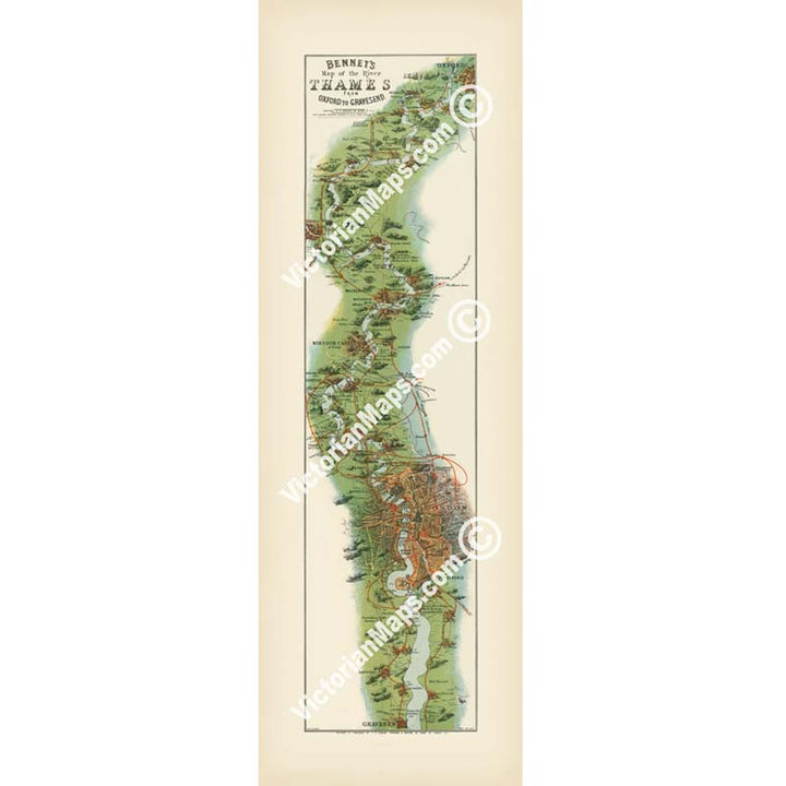 Bennet's Map of the River Thames from Oxford to Gravesend, "Up and Down the River" guide J. F. Bennet 1889 art print poster canvas gift