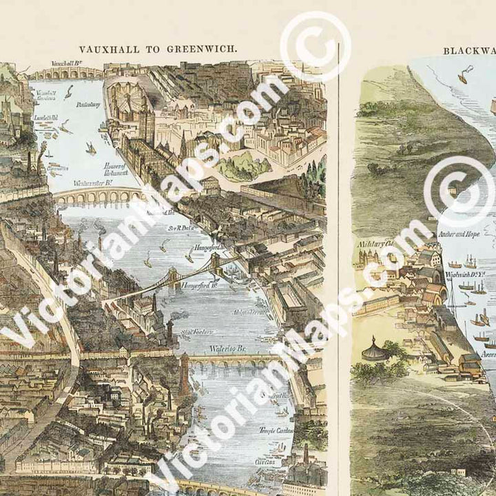 Guide for excursions on the river Thames, from Eton to the Nore - Victorian map from The Illustrated London News magazine, 1849 art print poster canvas gift