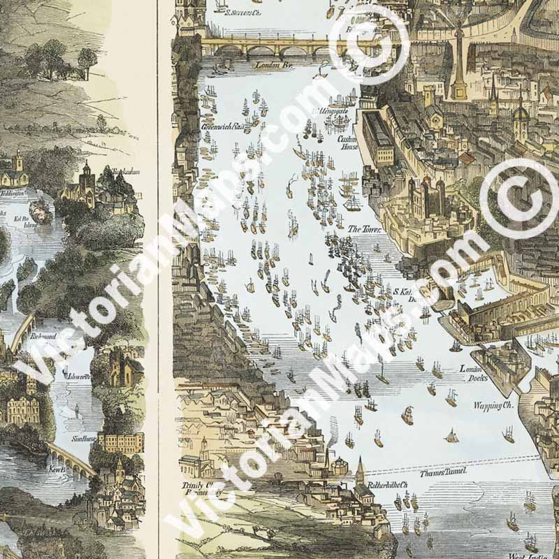 Guide for excursions on the river Thames, from Eton to the Nore - Victorian map from The Illustrated London News magazine, 1849 art print poster canvas gift