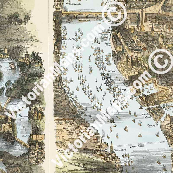Guide for excursions on the river Thames, from Eton to the Nore - Victorian map from The Illustrated London News magazine, 1849 art print poster canvas gift