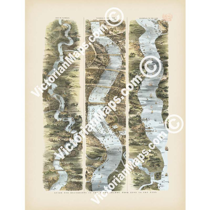 Guide for excursions on the river Thames, from Eton to the Nore - Victorian map from The Illustrated London News magazine, 1849 art print poster canvas gift