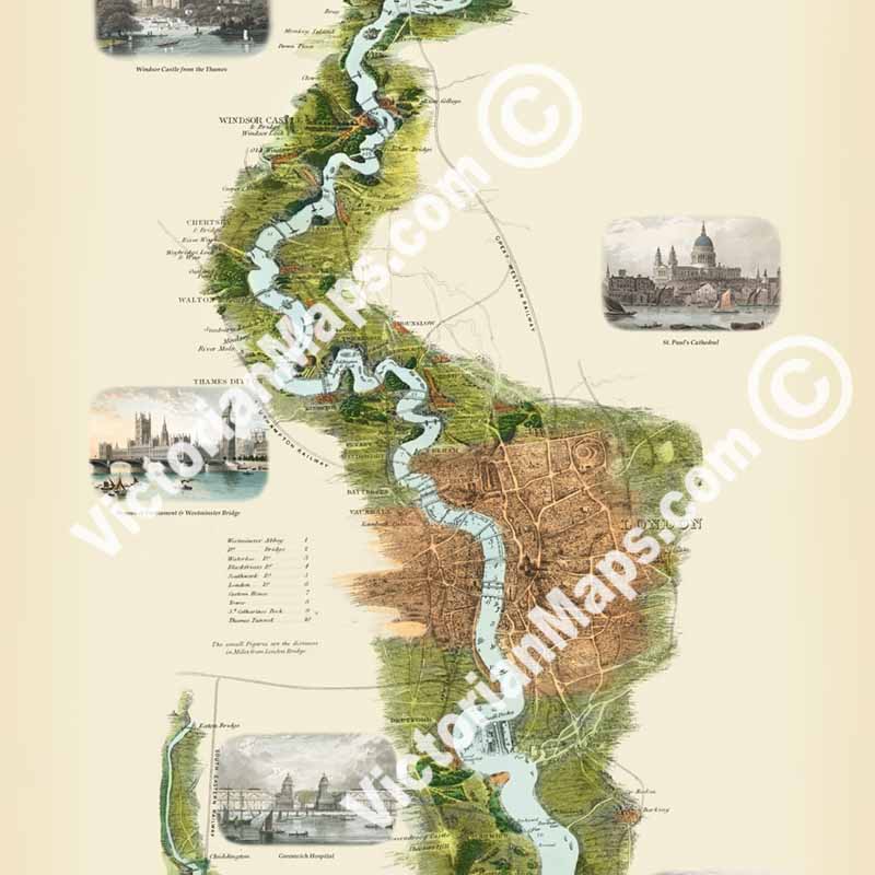 Tombleson's Panoramic Map of the Thames and Medway by William Tombleson, 1850, with 9 inset views art print poster canvas gift