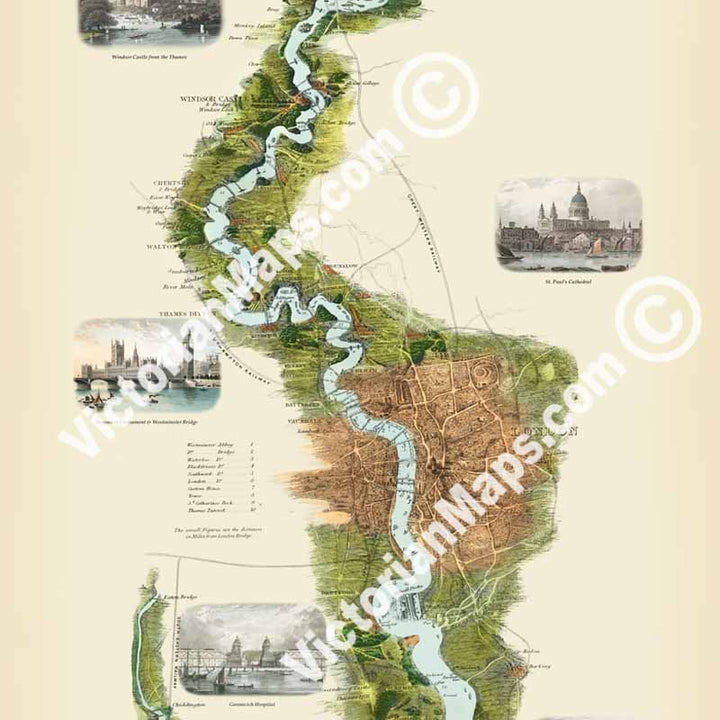 Tombleson's Panoramic Map of the Thames and Medway by William Tombleson, 1850, with 9 inset views art print poster canvas gift