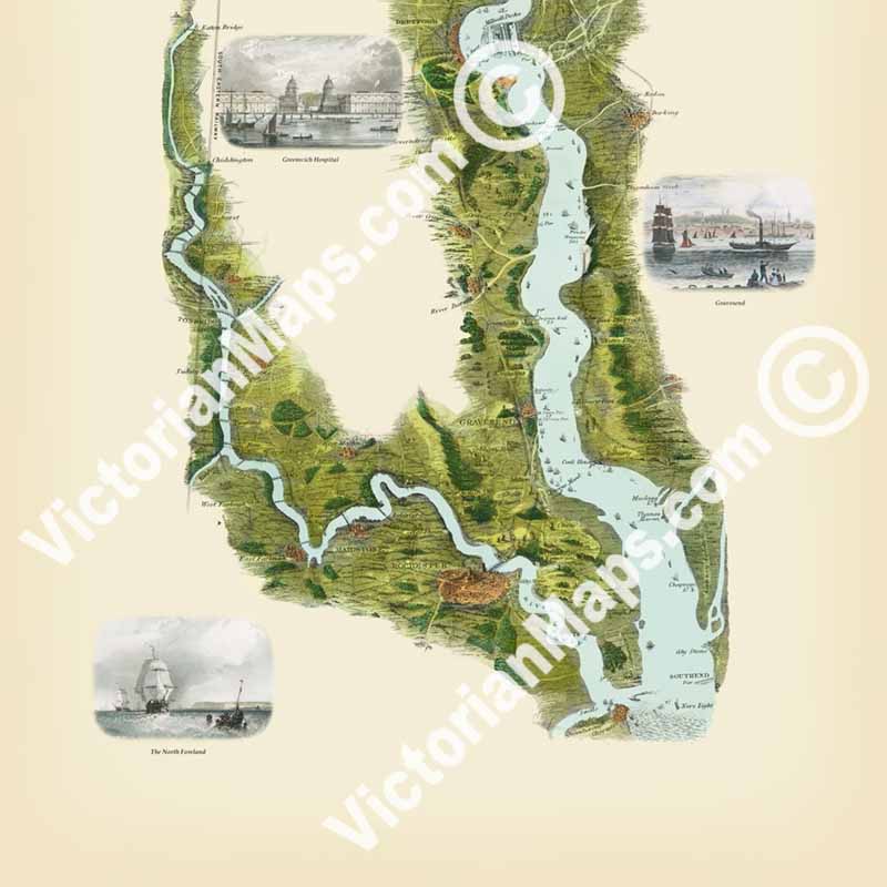 Tombleson's Panoramic Map of the Thames and Medway by William Tombleson, 1850, with 9 inset views art print poster canvas gift