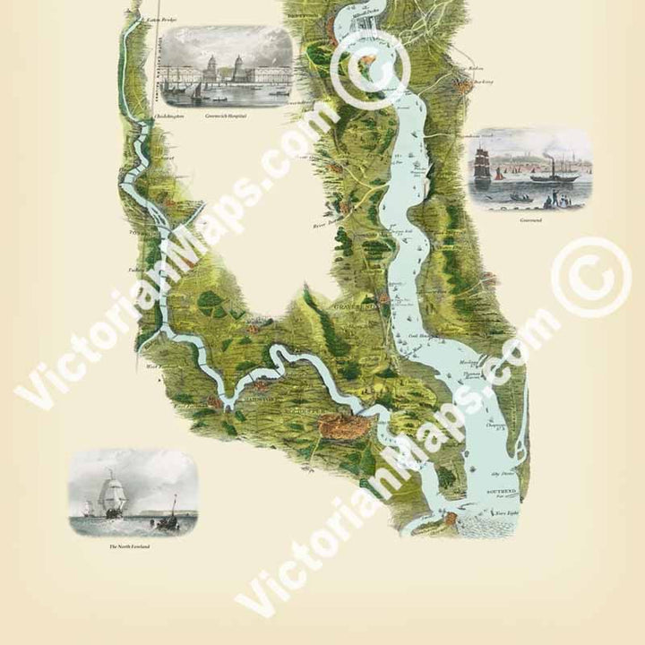 Tombleson's Panoramic Map of the Thames and Medway by William Tombleson, 1850, with 9 inset views art print poster canvas gift