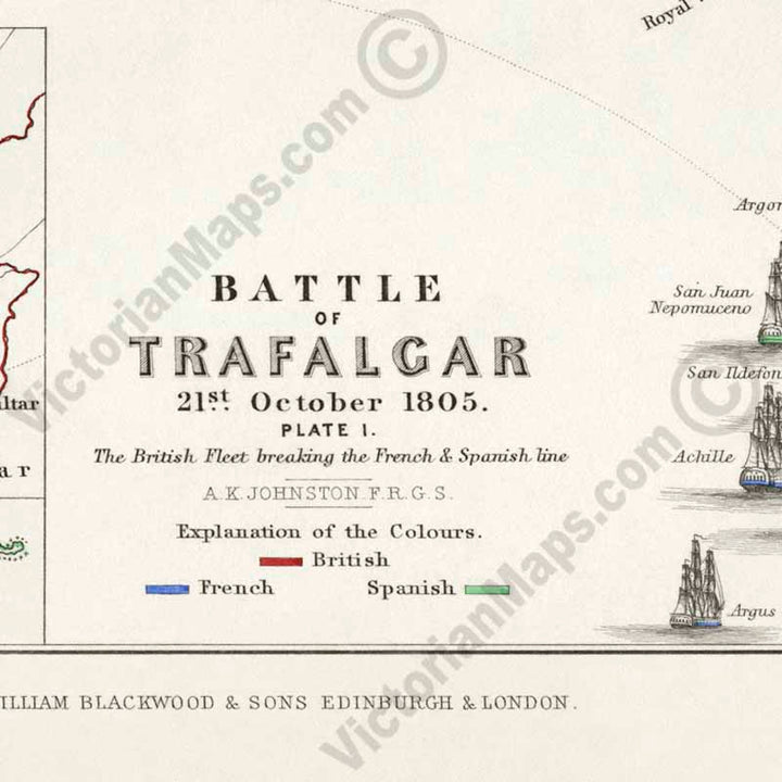 Battle of Trafalgar 21st October 1805, Plate 1; The British Fleet breaking the French & Spanish line. An engraved and hand-coloured map 34, A. K. Johnston, Atlas to Alison's History of Europe, 1850