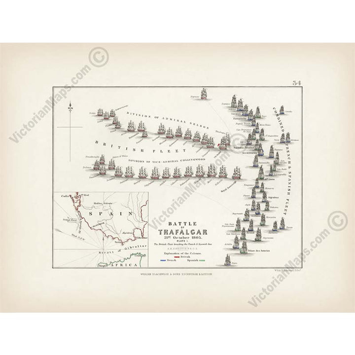 Battle of Trafalgar 21st October 1805, Plate 1; The British Fleet breaking the French & Spanish line. An engraved and hand-coloured map 34, A. K. Johnston, Atlas to Alison's History of Europe, 1850