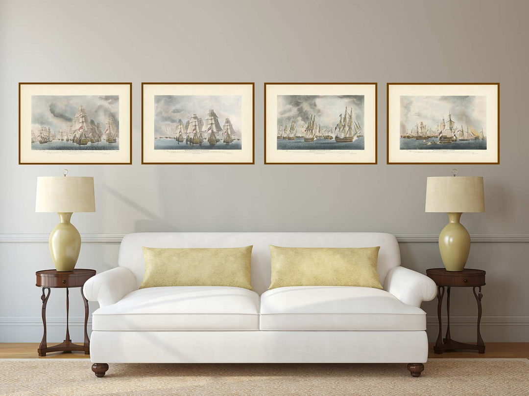Victory of Battle of Trafalgar - All Four Plates print set - hand-coloured engravings by Robert Dodd, 1843 art poster canvas gift