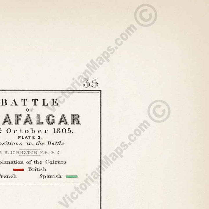 Battle of Trafalgar 21st October 1805, Plate 2 Positions in the Battle (later in the day). An engraved and hand-coloured map 35, A. K. Johnston, Atlas to Alison's History of Europe, 1850 art print poster canvas gift