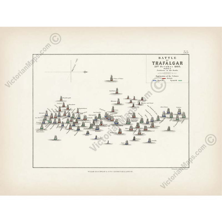 Battle of Trafalgar 21st October 1805, Plate 2 Positions in the Battle (later in the day). An engraved and hand-coloured map 35, A. K. Johnston, Atlas to Alison's History of Europe, 1850 art print poster canvas gift