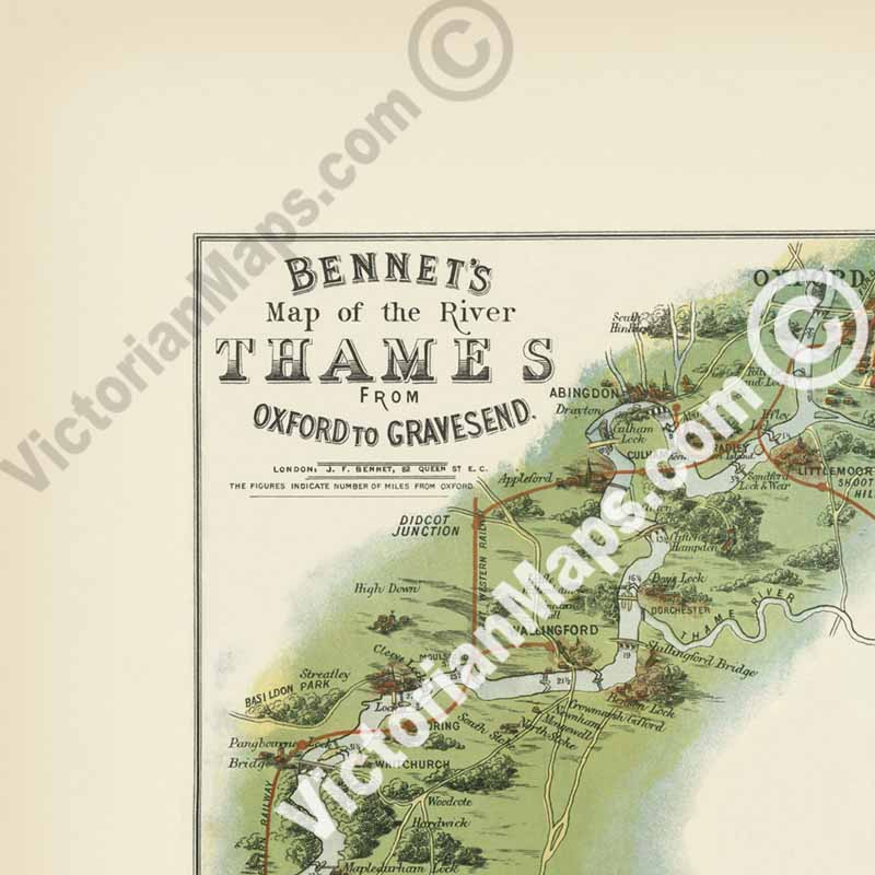 Bennet's Map of the River Thames from Oxford to Gravesend, "Up and Down the River" guide J. F. Bennet 1889 art print poster canvas gift
