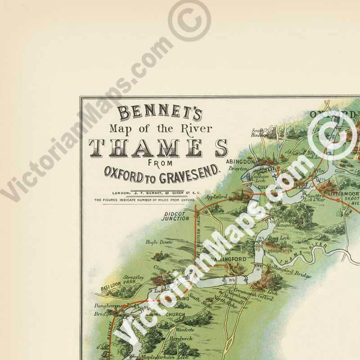Bennet's Map of the River Thames from Oxford to Gravesend, "Up and Down the River" guide J. F. Bennet 1889 art print poster canvas gift