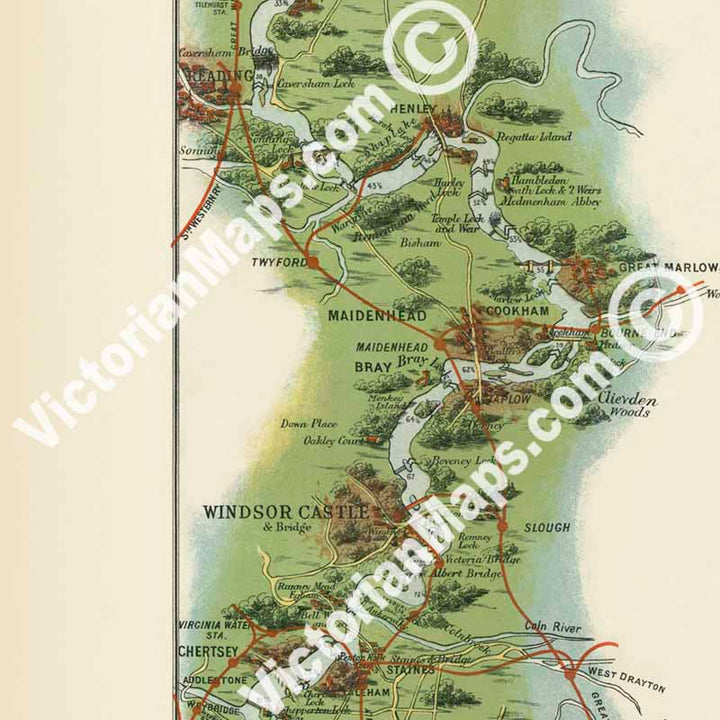 Bennet's Map of the River Thames from Oxford to Gravesend, "Up and Down the River" guide J. F. Bennet 1889 art print poster canvas gift