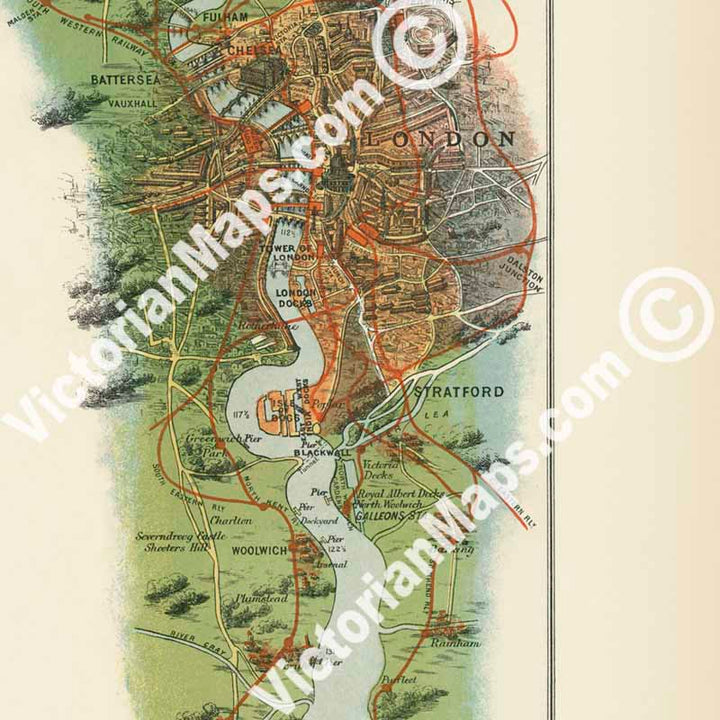 Bennet's Map of the River Thames from Oxford to Gravesend, "Up and Down the River" guide J. F. Bennet 1889 art print poster canvas gift