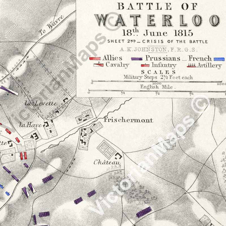 Battle of Waterloo 18th June 1815 Sheet 2nd - Crisis of the Battle. An engraved and hand-coloured map 107, A. K. Johnston, Atlas to Alison's History of Europe, 1850 art print poster canvas gift