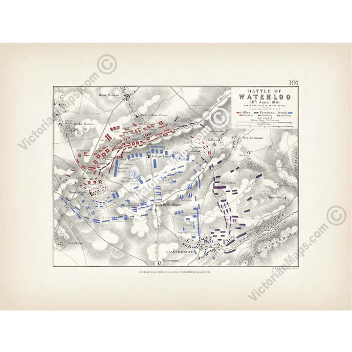 Battle of Waterloo 18th June 1815 Sheet 2nd - Crisis of the Battle. An engraved and hand-coloured map 107, A. K. Johnston, Atlas to Alison's History of Europe, 1850 art print poster canvas gift