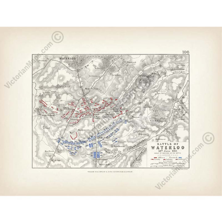 Battle of Waterloo 18th June 1815; Sheet 1st - Morning of the Battle. An engraved and hand-coloured map 106, A. K. Johnston, Atlas to Alison's History of Europe, 1850 art print poster canvas gift