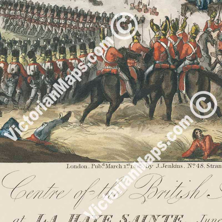 Centre of the British Army at La Haye Sainte, Waterloo, June 18th, 1815 - an engraving by T. Sutherland, 1816 art print poster canvas gift