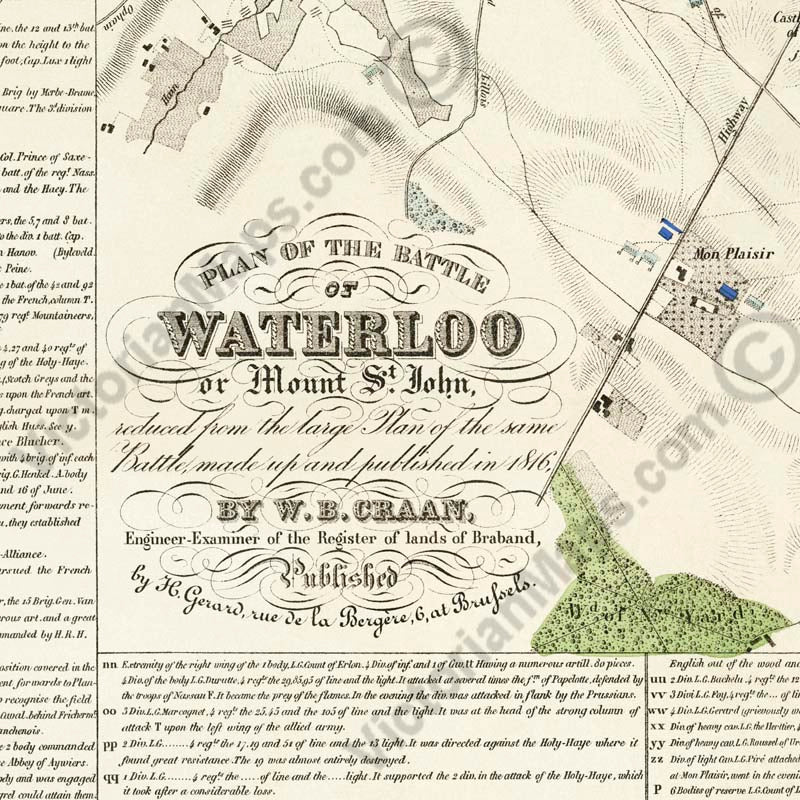 Plan of the Waterloo Battle 18 June 1815 Bataille de Mont-Saint-Jean W.B. Craan 1816 art print poster canvas gift present soldier officer