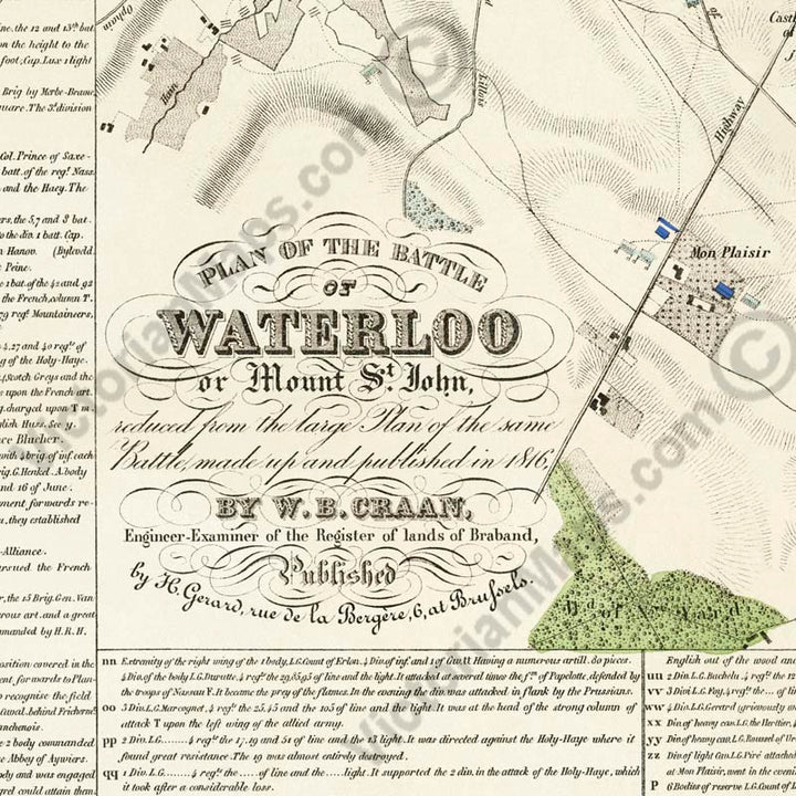 Plan of the Waterloo Battle 18 June 1815 Bataille de Mont-Saint-Jean W.B. Craan 1816 art print poster canvas gift present soldier officer