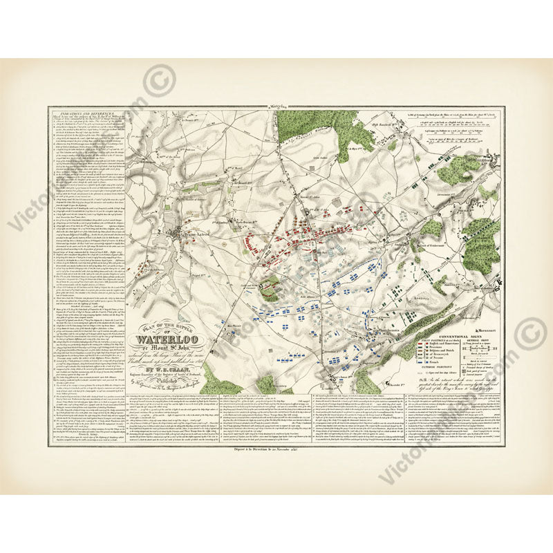 Plan of the Waterloo Battle 18 June 1815 Bataille de Mont-Saint-Jean W.B. Craan 1816 art print poster canvas gift present soldier officer