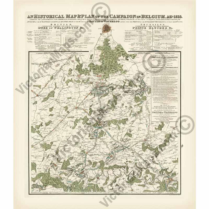 An Historical Map & Plan of the Campaign in Belgium, A.D. 1815... Battles of Waterloo, Ligny, Quatre-Bras... by S. Hall, J. Booth, 1816