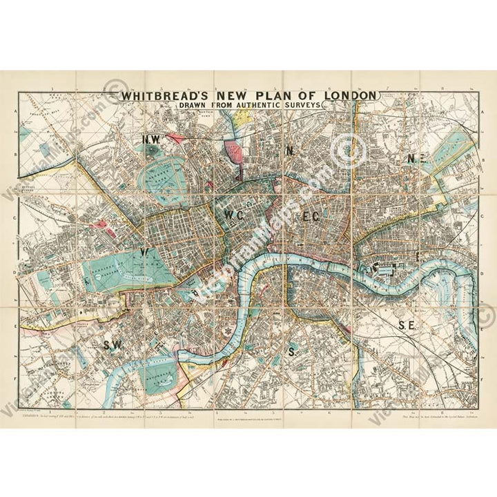 Whitbread's New Plan of London - a map of Victorian London by Josiah Whitbread, 1858 art print poster canvas gift