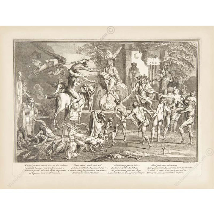 Witches' Sabbath II  - an occult engraving print by Claude Gillot, 1700 art poster canvas gift
