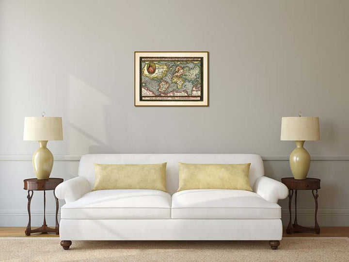 Typus Orbis Terrarium - an Elizabethan world map with Jesus Christ inset showing mythical lands by Matthias Quad, 1596 art print poster canvas gift
