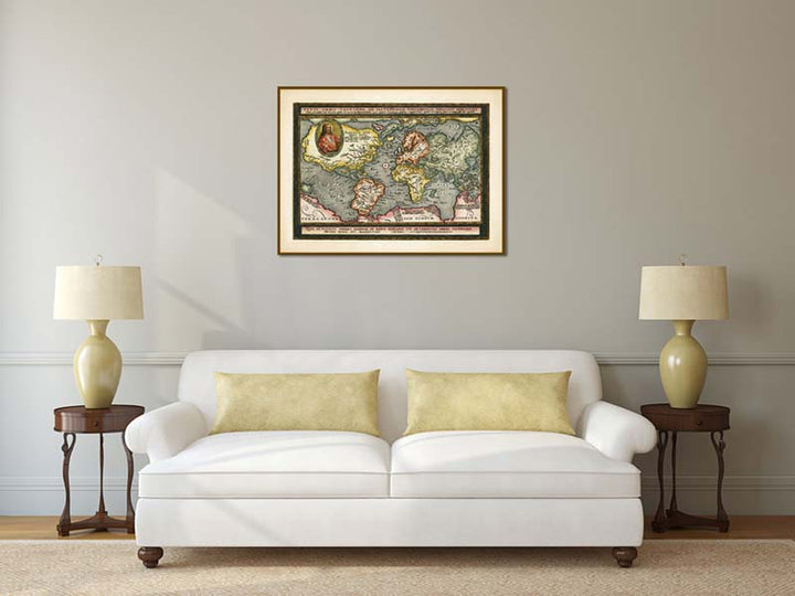 Typus Orbis Terrarium - an Elizabethan world map with Jesus Christ inset showing mythical lands by Matthias Quad, 1596 art print poster canvas gift