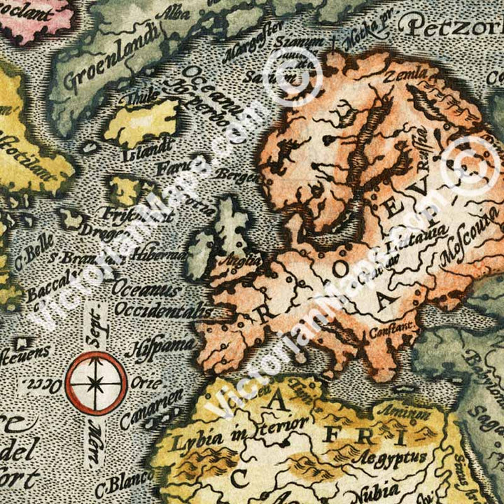 Typus Orbis Terrarium - an Elizabethan world map with Jesus Christ inset showing mythical lands by Matthias Quad, 1596 art print poster canvas gift