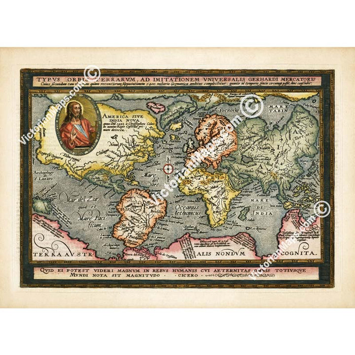 Typus Orbis Terrarium - an Elizabethan world map with Jesus Christ inset showing mythical lands by Matthias Quad, 1596 art print poster canvas gift
